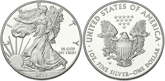 2015 American Silver Eagle silver dollar obverse and reverse, showing Walking Liberty and heraldic eagle designs