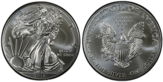 Side-by-side comparison of standard 2015 American Silver Eagle and 2015-(P) Philadelphia-attributed PCGS-certified example